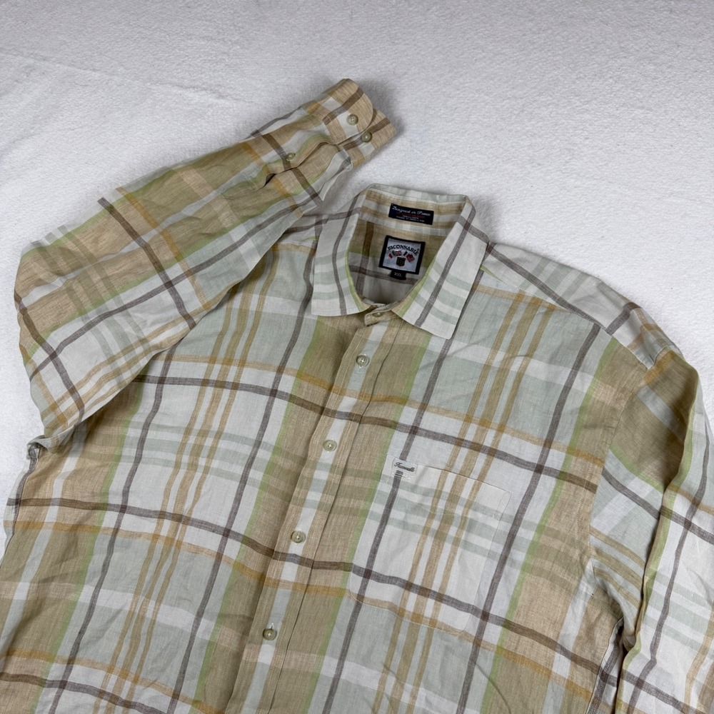 Faconnable Mens XXL Linen Plaid Button Down Shirt Tan Green Albert Goldberg